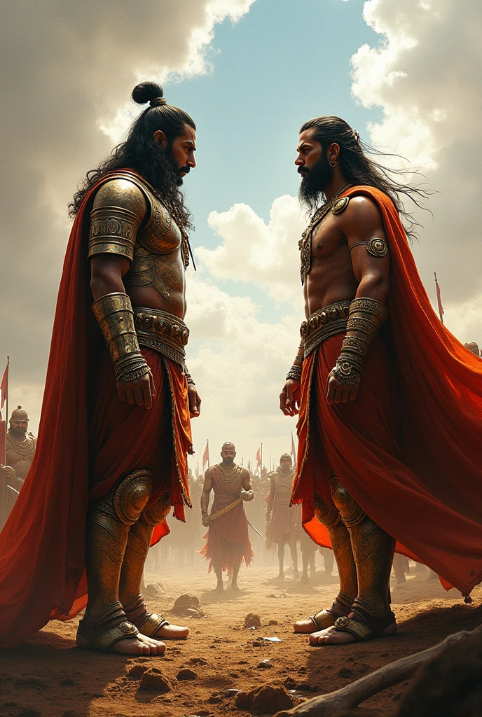 Generate  in cinematic 3d cartoon**Warriors of Great Renown:** Depict the atmosphere as a leader speaks of the renowned warriors who stand by his side, each a master in the art of war, instilling confidence and fearlessness in the hearts of their allies..in Mahabharat time pictures 