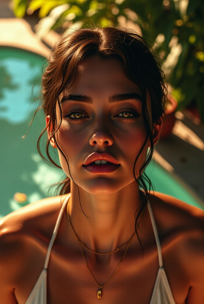 create a realistic picture of Batman and cat woman swimming together in a luxury hotel
