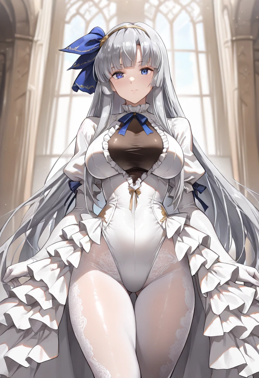 big breasts:1.5、、White dress、Hide your chest with your own hands、squeeze your chest、grab your chest、masterpiece、highest quality、very detailed、very realistic eyeasterpiece、highest quality、very detailed、1 girl、grab your chest、nsfw、avoid、crowd、gray hair、No panties、from below、Pussy、love juice、nature、white china suedress、See-through、white stockings
