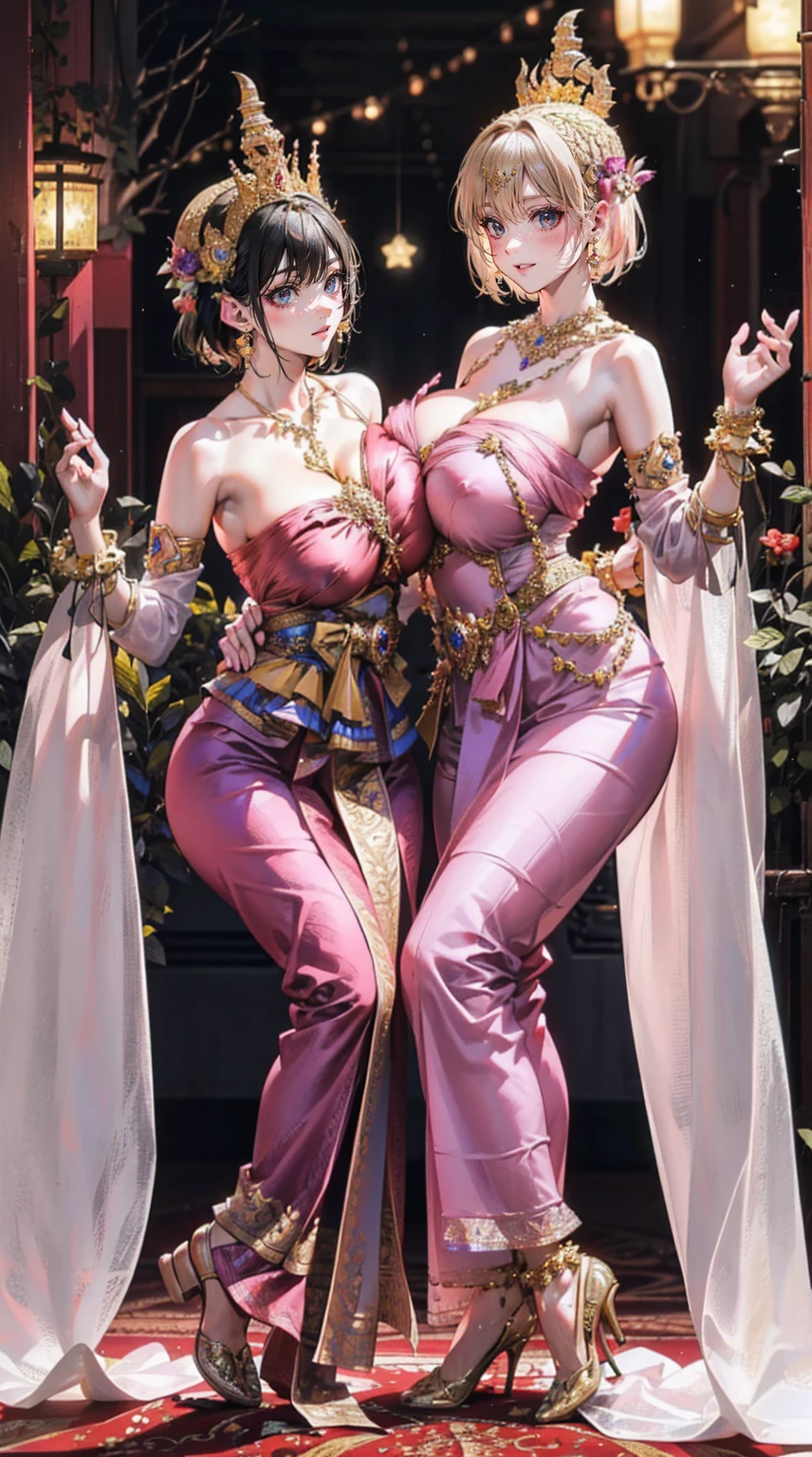 Blonde short bob anime woman in red and white dress standing in front of wall, alphonse mucha and rossdraws, oriental art nouveau, ross tran style, European Art Styles, artgerm and atey ghailan, in the style of ross tran, inspired by Ross Tran, nobara, European Women, Exquisite digital illustration, :: rossdraws, beautiful digital illustrations, Fantastical Mucha style Post-art