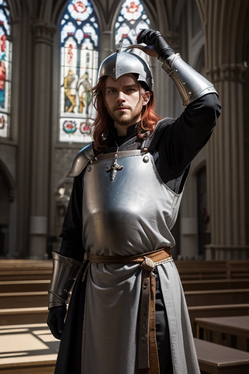 medieval knight, bearded, short hair, with full plate and greatsword, cross on the chest