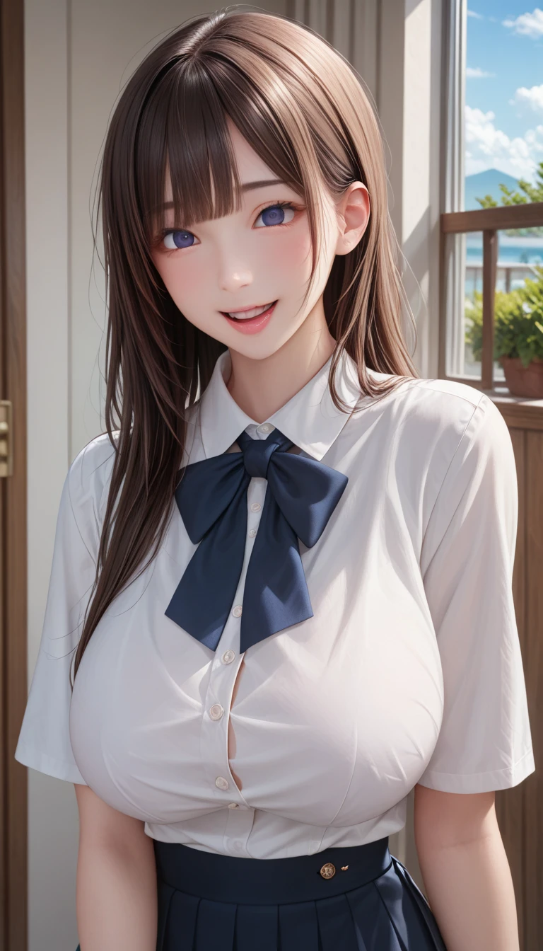Simple white background, , Seraph,Red tie,clavicle, cleveage, (only_neck:1.5), Black over-the-knee stockings,Short sleeve, Navy blue and white shirt ,Puff sleeves,Sailor Suit,Blue sailor collar, Blue Skirt, Black Hair, Bangs,Long hair,棕色的Eye, 1 girl, 20 years old,infp young woman,beautiful Finger,beautiful long legs,beautiful body, beautiful nose,beautiful character design, 完美的Eye, 完美Face蛋,富有表现力的Eye,Perfect balance, Looking at the audience,(把注意力集中在她的Face上),Shut up, (Innocent_Large target_Eye:1.0),(Light_Smile:0.3), Official Art,Highly detailed CG Unity 8K wallpaper, Perfect 灯Light,colorful, bright_front_Face_灯Light,White skin, (On the table:1.0),(the best_quality:1.0), 超high resolution,4K,Extremely detailed, photography, 8K, nffsw, high resolution, :1.2, Kodak Portra 400, Film Grain, Blurred background, Bokeh:1.2, 镜头Light晕, (Energetic_color:1.2),专业photography, (beautiful,Large target_breast:1.4), (beautiful_Face:1.5),(narrow_waist),