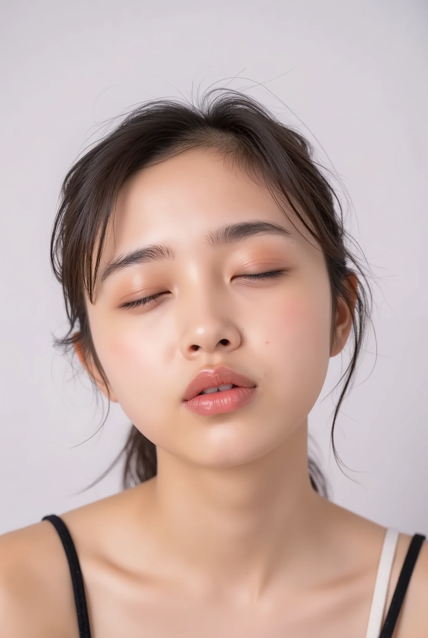 ultra-detailed close-up of a beautiful girl, collarbone-up composition, white studio background, soft natural lighting, slightly elevated front camera angle (around 35-60 degrees), full face and head visible in frame, chin gently lifted as if reaching up, head slightly tilted for cuteness, hands behind back and not visible, black camisole strap visible, soft innocent charm, longing and dere-dere expression, blissful and euphoric smile with flushed cheeks and ears, dreamy and adorable aura, eyes gently closed or nearly closed with soft lashes, expression overflowing with affection and dazed joy
extremely puckered lips forming a tight rounded "O" shape, strongly pursed lips protruding forward, circular and centered kiss-mouth, shimmering glossy lips with wet highlights, lips reflecting light with moist texture, hyperfocus on lips with soft depth-of-field blur around face contour to draw attention, slightly parted mouth (optional) to hint at tongue, but lips retain the tight circular shape
realistic natural skin texture with visible peach fuzz and matte softness, no visible makeup, subtle facial pores and skin microdetails, romantic soft glow
intense feeling of affectionate anticipation, cute and bashful yet deeply inviting kiss pose, soft warm atmosphere