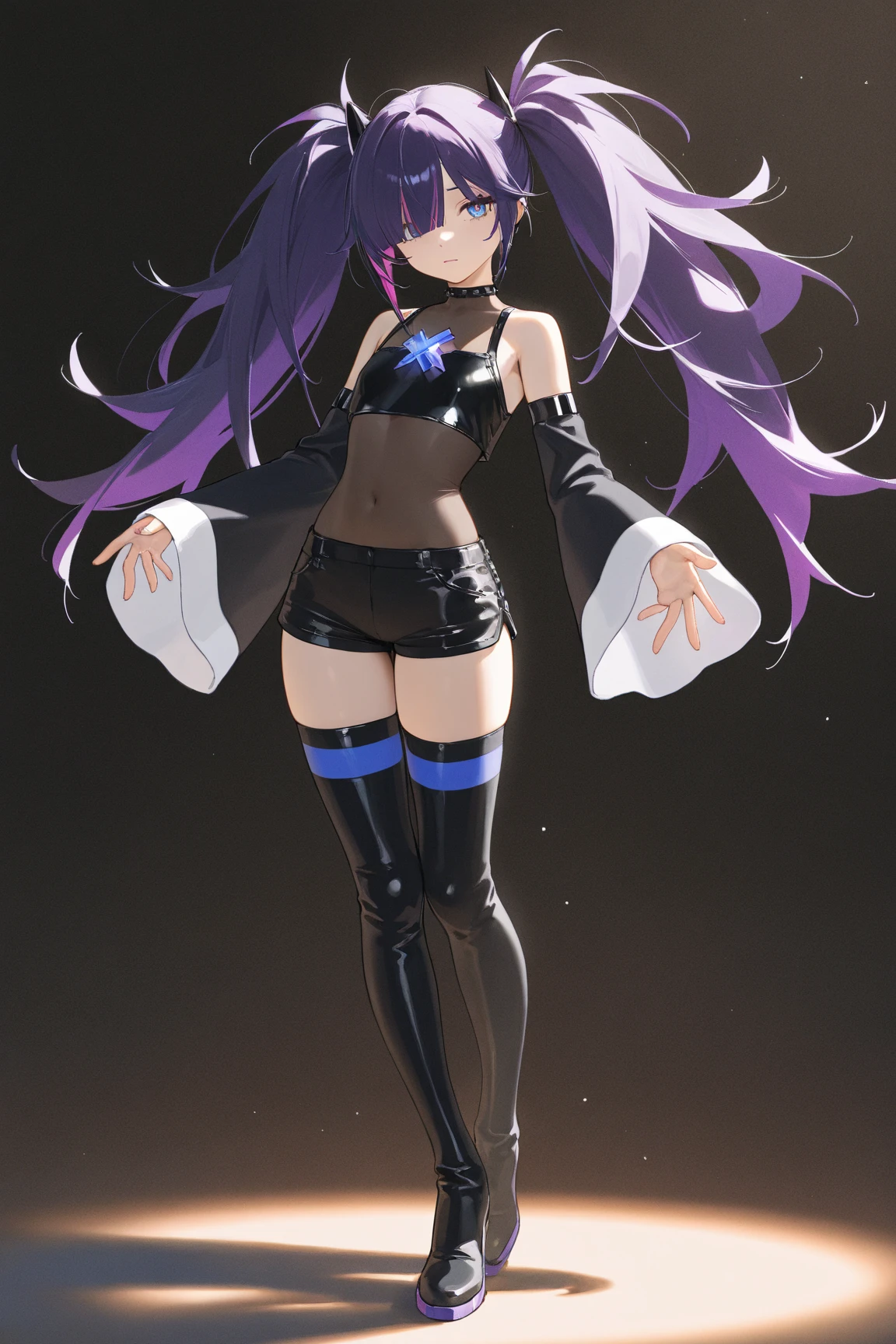 best quality,ultra-detailed,high resolution,extremely detailed cg,anime picture,unity 8k wallpaper, Dark purple hair,blue eyes,long hair, looking at viewer,hair ornament,smile,pov doorway,open mouth, x hair ornament,cyberpunk, busty thighs,