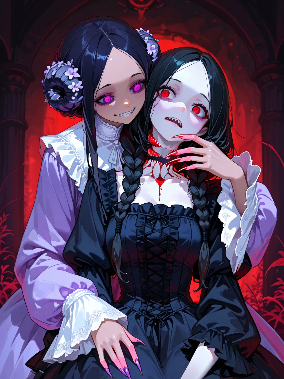 (8k, RAW Photos, Highest quality, masterpiece:1.2),(Realistic, photo-Realistic),Photo Background,Face-only photo,Draw only the face,Look up,Face shot,Scythe Face,Girl Monster, slave,beautiful, Detailed portrait, Delicate facial features, Sharp Eye, Sharp Fangs, Pale skin, Thick chain, Dark Background, Cinema Lighting, Dramatic Shadows, Gothic style, Gloomy atmosphere, Dark fantasy, One Girl, , Please open your mouth wide, Open your mouth and baring your teeth,Sharp teeth like a beast, Wide lips, very wide mouth, Vermilion cheeks, ,(Blood splatter:1.6),Scary face, Laughter Witch design, Twisted smile、Bloodstained、bleeding from the head,,、Blood splatter、,(Blood splatter:1.6),Crossbones, skull, , Horror Style,Dark fantasy,Red color scheme,Soft lighting,Emotional,Enchanted Forest,Ominous atmosphere,Eye-catching,Storytelling,anatomy,Anime Style,Concept Art,beautiful細部までこだわった顔と (((Red eyes ))),Flowing Hair,emotional expression,Jewelry crafted with attention to detail,A cape with an intricate pattern,Strong gaze,Feathered Cape,Subtle Shadows,Dynamic pose,Great composition,Mysterious Background,Natural elements,Moonlit Night,wood々The wind blowing between,Eerie presence,Reveal personality strengths and weaknesses,A striking contrast between the red cape and its surroundings,Fascinating story,Rich texture,Depth and Dimension,Highlight the charm and resilience of your characters. (((little red riding hood))), (Blood splatter:1.5)