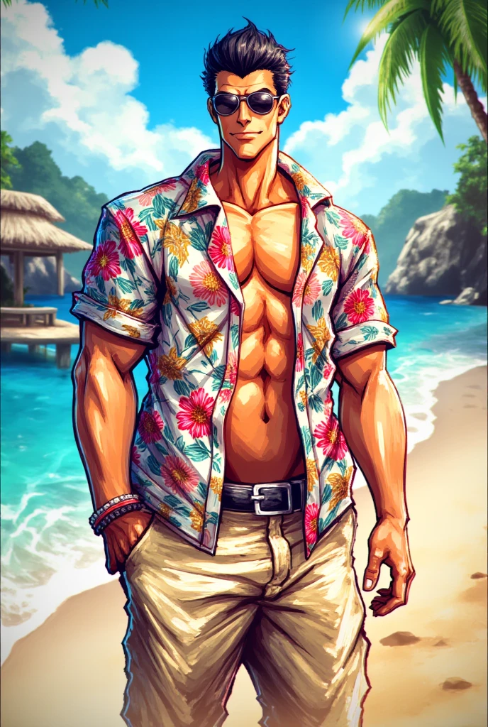 Roy Mustang from Full Metal Alchemist, wearing swimsuit and sunglasses, light hawaiian shirt, smug smile, bodybuilder, defined body, posing, shirtless, abs, big legs