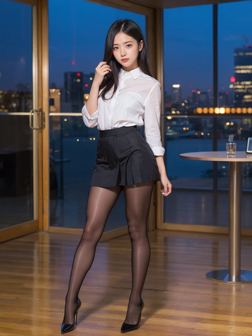 Pure Japanese young girl, sexual attractive, secret temptation, outstanding body, beautiful legs, wearing formal suits, (panty), (pantyhose), high heels, vivid makeup, arranged black hair styles, lift up skirt, spread wide legs, sexual smile, professional portrait photography, sitting, summer,