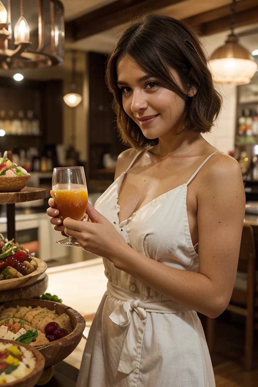woman sitting at a table with a drink and a plate of food, with a drink, profile picture, Cold, summer&#39;s afternoon, drinking cocktail, 30 year old woman, 3 0 year old woman, by Sam Dillemans, holding a drink, taken in the early 2020s, Lt. Bernie D&#39;Andrea, Having a good time