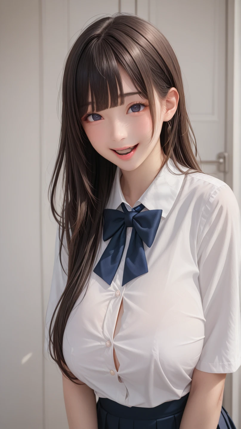 (masterpiece:1.3, Highest quality, Ultra-high resolution, Super detailed), (Realistic, photoRealistic:1.4), Perfect lighting, Natural light, colorful, Depth of written boundary, Browsing Caution, Surrealism, Front view,Beautiful detailed hair, Beautifully detailed face, Beautiful fine details, Beautiful clavicle, Beautiful body, thin脚,Beautiful feet, Beautiful breasts,Cleavage,Beautiful Hands, thin, 1 girl, Perfect Face, Long eyelashes,Perfect Anatomy, Supermodel with a long neck,((Skinny1.2)),looking at the camera,(Perfect Anatomy,Highly detailed skin), Shiny skin,((beautiful girl:1.1)),(( large breasts:1.4)), (((Happy smile:1.1)),(Mid-length hair:1.4, Wavy Hair:1.2, Black Hair) ,hair over one eye, Dainty facial structure,photo shoot, Sharp focus, Face Light,((school uniform, navy skirt in plaid skirt)),((school uniform, short sleeve shirt:1.2)), ((school uniform, tie)),staircase,day,natural pose,from below,