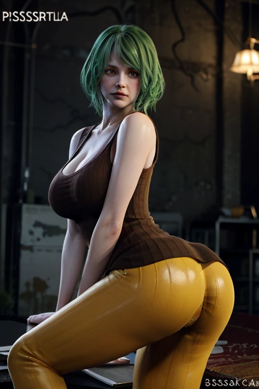 8K, Top Quality, Intricate Details, Ultra Detail, Ultra High Resolution, Masterpiece, close up shot, shot from behind, (Looking back), (full body: 1.1), Slender, Smile, (Makeup: 0.4), ,(( purple eyes, green hair, bangs,, messy hair)), (Fluffy  Eyes: 1.21), (()), 1girl, solo, 1 girl, (()), close up shot, , ((tall)), (((fit body))), (((slim face))), sharp face, ((walking pose))  ,(detailed face), sharp face, small lips, , ,((  up, buteek,)) ,, ,
 ((,)), , ((naked,  )), deed face, ((detailed breast, large brhuge breast, dd ass , detailes )),, Narrow Wt, Skinny, ta0 cm tall, Muscular, Navel, Exposed Abdomen, Pointed Chest,, Beautiful girl with accentuated slender abs: 1.4, Six Pack Abs: 1.4, , Perfect Body, detail legs, (( dark background)), black background,