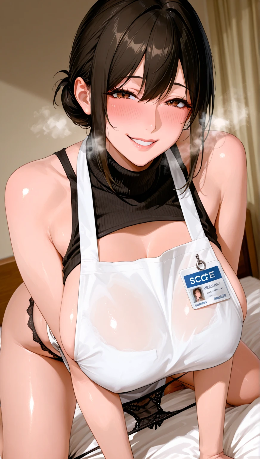score_9, score_8_up, score_7_up, score_6_up, score_5_up, score_4_up, (source_anime), 1girl, (( white woman, short black hair, small breasts, puffy nipples, big Thighs, big ass, mature woman, dark nipples, brown nipple)), Distant vision, Low Illumination, Kitchen, Maid outfit, black skirt, breast milk, sucking in the baby bottle, Breastfeeding, bottle feeding, solo