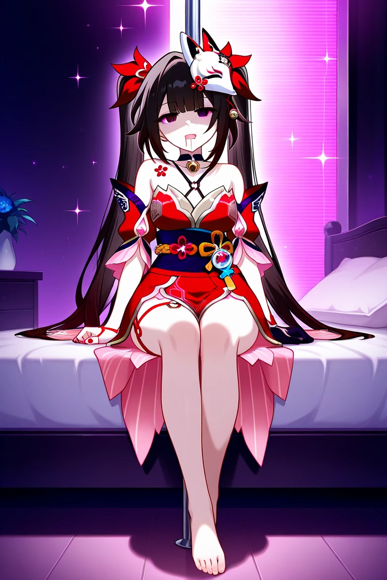 high tail hairstyle, Ponytail hairstyle, Long wavy black hair, standing posing, anime girl style, pixel art anime style,penetrating look with deep eyes,red and purple eyes, hair with a ponytail hairstyle trapped with a big red bun, Women, red hair clips, x color shaped hair clips , smiling face blush, next to his bed , lingerie, sexy maid costume, , Black hair, mini skirt 