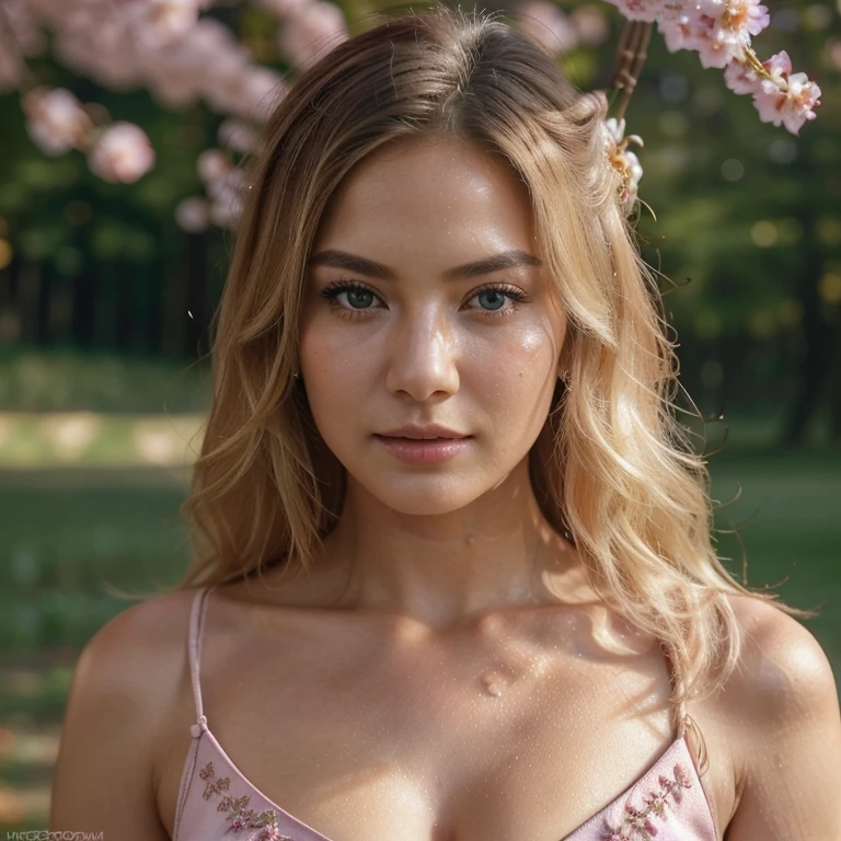 a gorgeous woman, wearing a floral pink and aqua color outfit, portrait view, smiling, garden background, detailed face, beautiful eyes, detailed lips, long eyelashes, photorealistic, hyper detailed, 8k, high quality, oil painting, lush garden, vibrant colors, natural lighting, soft focus, masterpiece