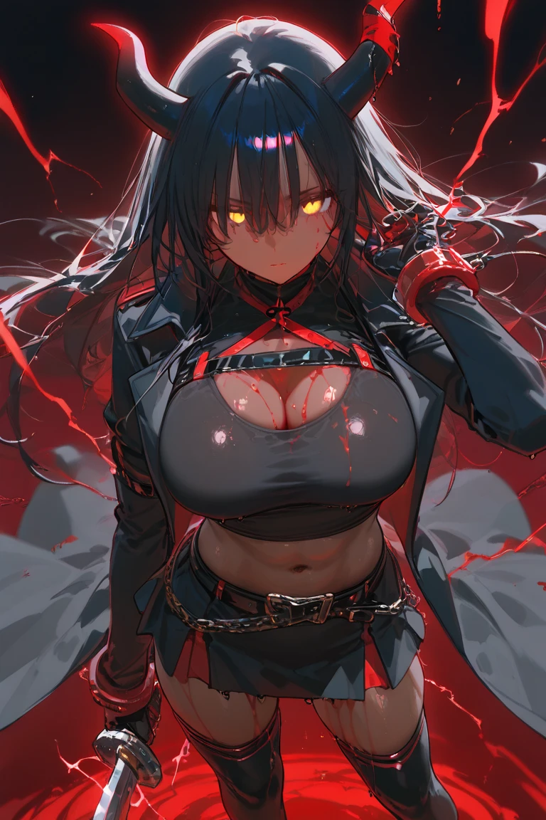 An adult woman, half wolf, black and red ears, ears down, red eyes, black and red hair, wide breasts, white dress, very angry, holding a sword