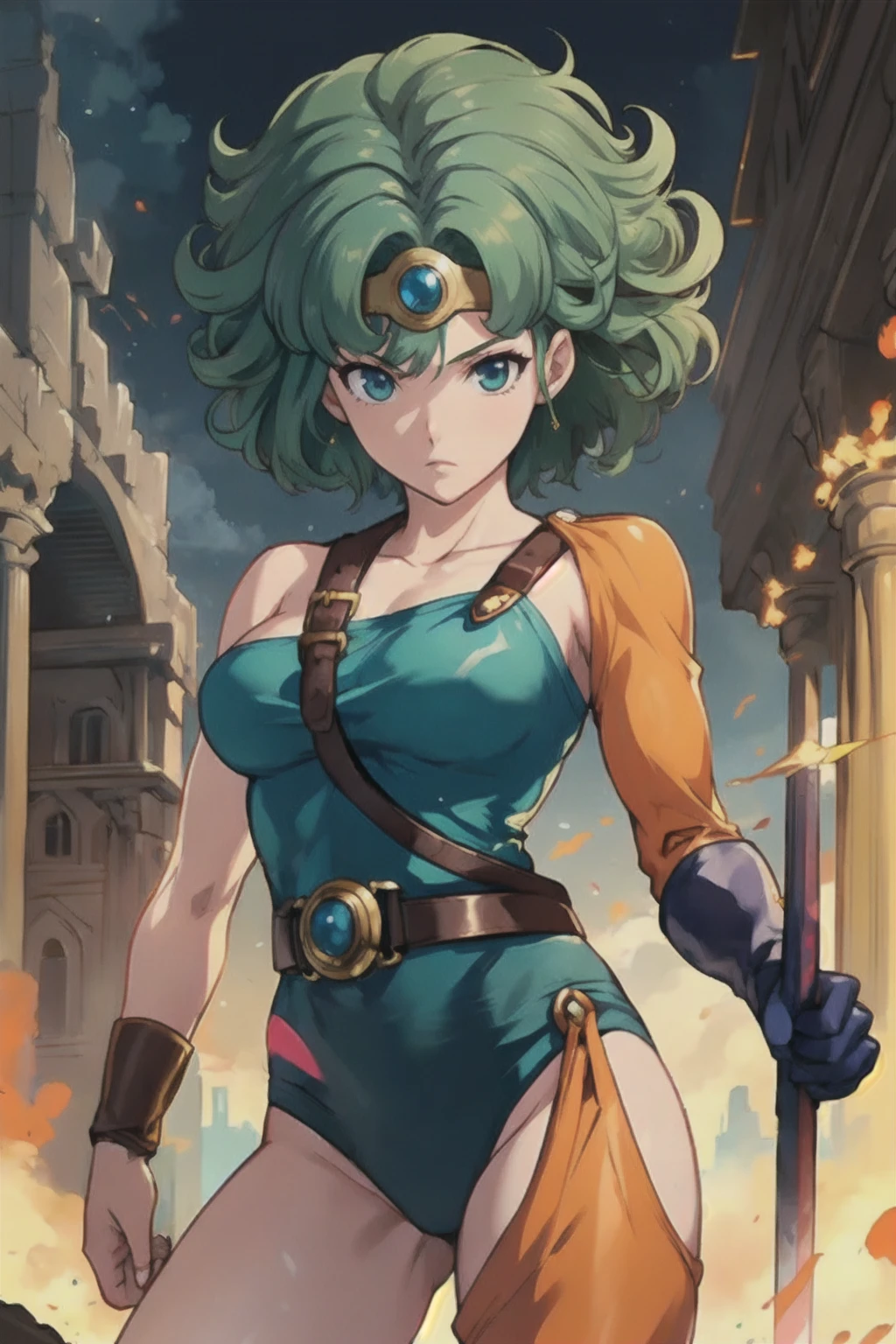 Anime Artwork Anime Artwork Masterpiece,Highest quality, Unreal Engine, Ultra-high resolution, Very detailed丸い胸, 1 person with medium chest, Waist, thin,(Muscular:0.9)
heroine,
Circlet, Curly Hair, Green Hair, short hair, Asymmetrical clothing, leotard, belt, One-handed gloves, Single Sleeve, Single Thigh High Cave, Holding a sword, . Anime Style, Key Visual, Vibrant, Studio Anime, Very detailed、Get down on one knee、Crippling、Hurt、Coming under attack