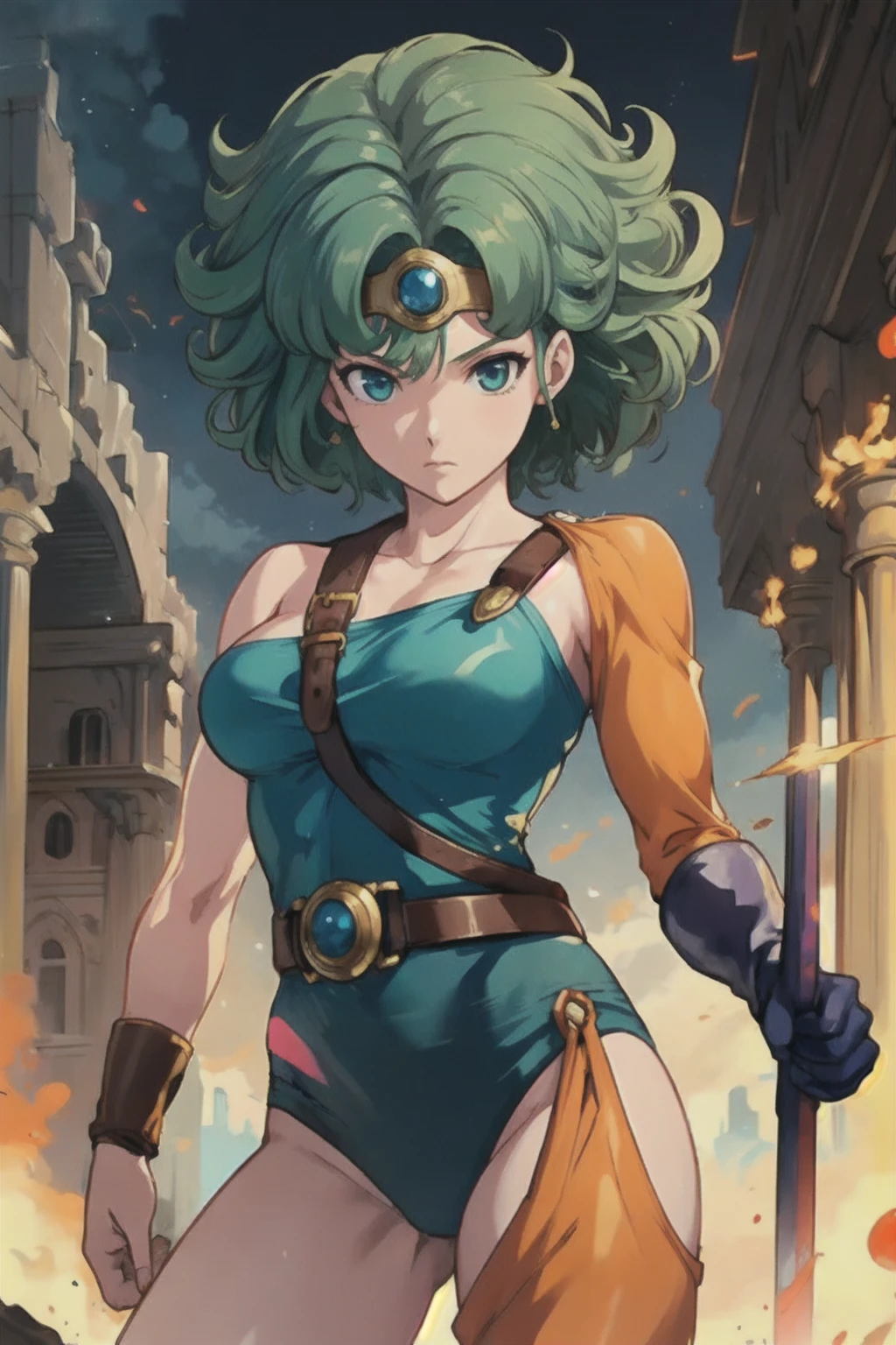 (((SFW、sound、Highest quality、Top notch work、Normal body、、Detailed face、Ultra-precision、normal hand、Refer、5refer、Highest)))、beautiful girl、Green Hair、yamato nadeshiko、Small breasts、Shortcuts、Blue leotard、muscular、Red Cape、Circlet、Dragon Quest、Female Heroes、 Fight、Fight is ready、Sweep with a sword、Please put your hands together in front of you.、Place your hands behind your back、Please put your hands on your hips、cover your chest with your hands、((Executed perfectly:Frame yourself from head to toe,Standing posture,Draws in great detail、There is no anatomical problem))、forest