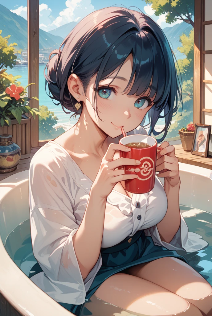 very cute and beautiful girl sitting on chair of cafe,(highly detailed beautiful face),
white blouse,laugh,happy,(beige cardigan) BREAK zettai ryouiki,black hair,
(blue plaid mini skirt:1.2),(cups of tea),(honey toasts on plate),(salad in bowl),window,ocean view,
(best quality,masterpiece:1.0),absurdres,highres,ultra-detailed,extremely detailed,32k,8k resolution,
intricate details,cinematic scene,detailed background,solo,dynamic angle,