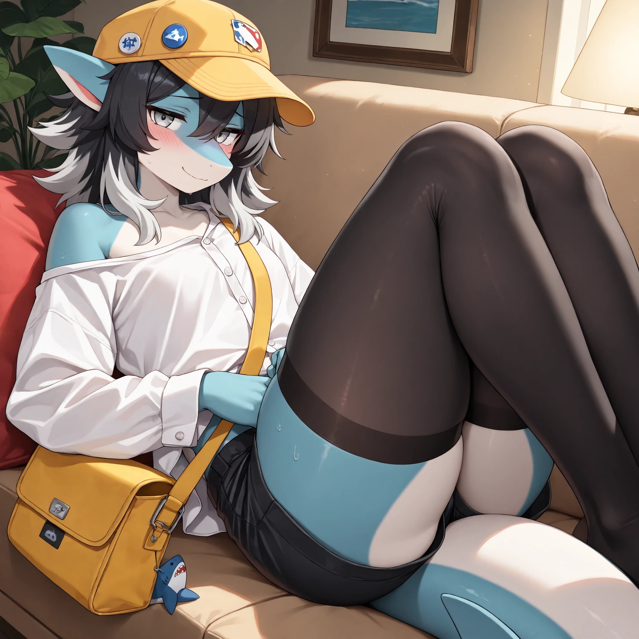 (Masterpiece, Best quality:1.2), (front angle, close up), living room, detailed shadows, detailed lighting, dark lighting, adult, (broad shoulders), 1boy, solo, silver eyes, black hair, silver highlights on hair, medium hair, hair over whole head, (angular fringed) hair, anthro furry, shark, shark skin, (pointed shark ears), shark tail, (light blue skin), [flat chest], thick thighs, medium ass, [medium body], curvy, cute, jitome, (femboy, feminine boy), wearing yellow hat (flat cap), exposed shoulder, long sleeves, white ((button shirt)), pin on hat, yellow shoulder bag, delivery bag, black cutoff shorts, (shy), outside, sitting down, black stockings, blushing, (embarassed), soft expression, looking down, looking at viewer, shy smile, facing viewer, sitting on couch, hands on lap, legs together, (very detailed body, face, tail, arms, hands, legs, head and eyes), from above