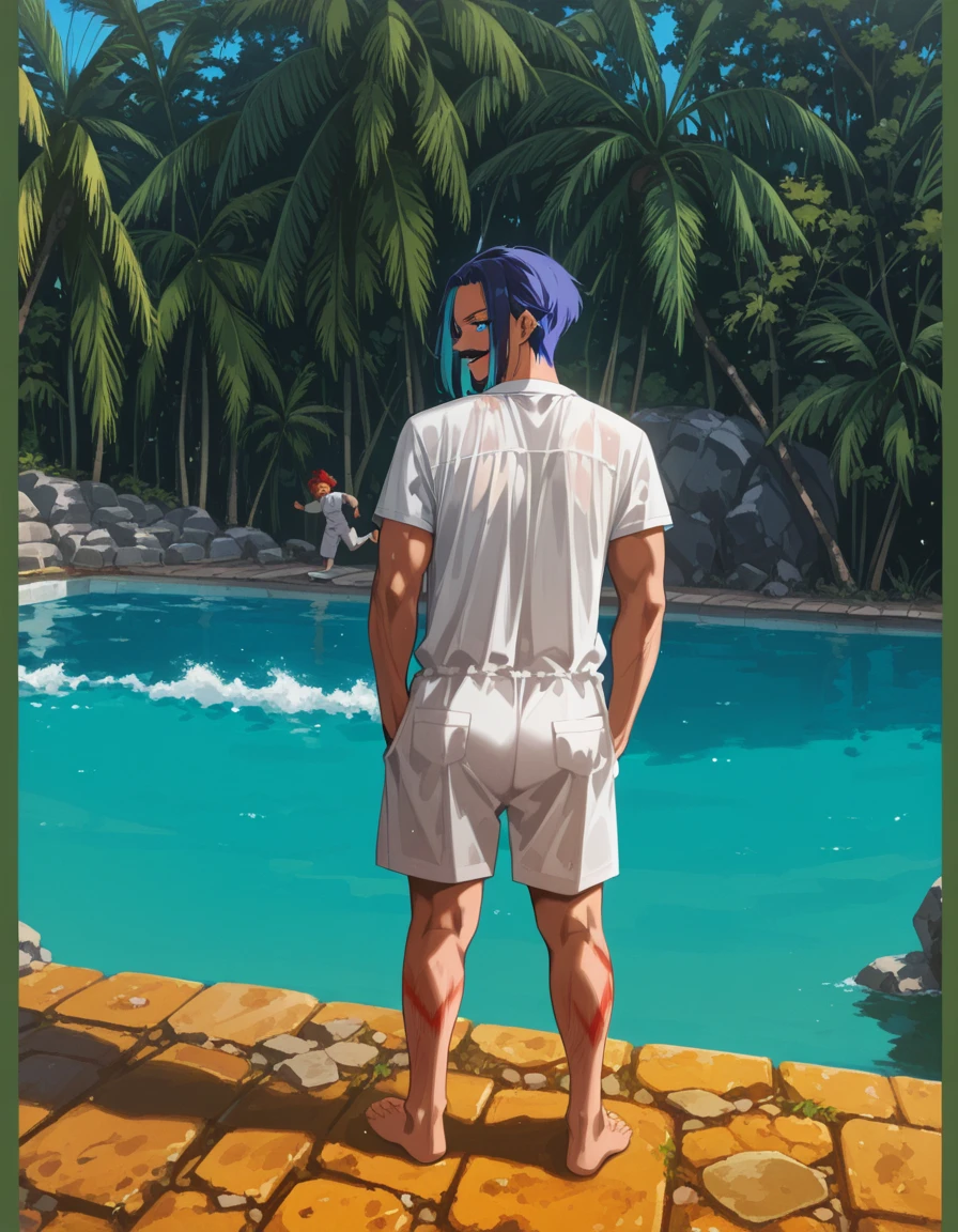 There is a beautiful 16 year old boy walking by a pool, his hair is violet.