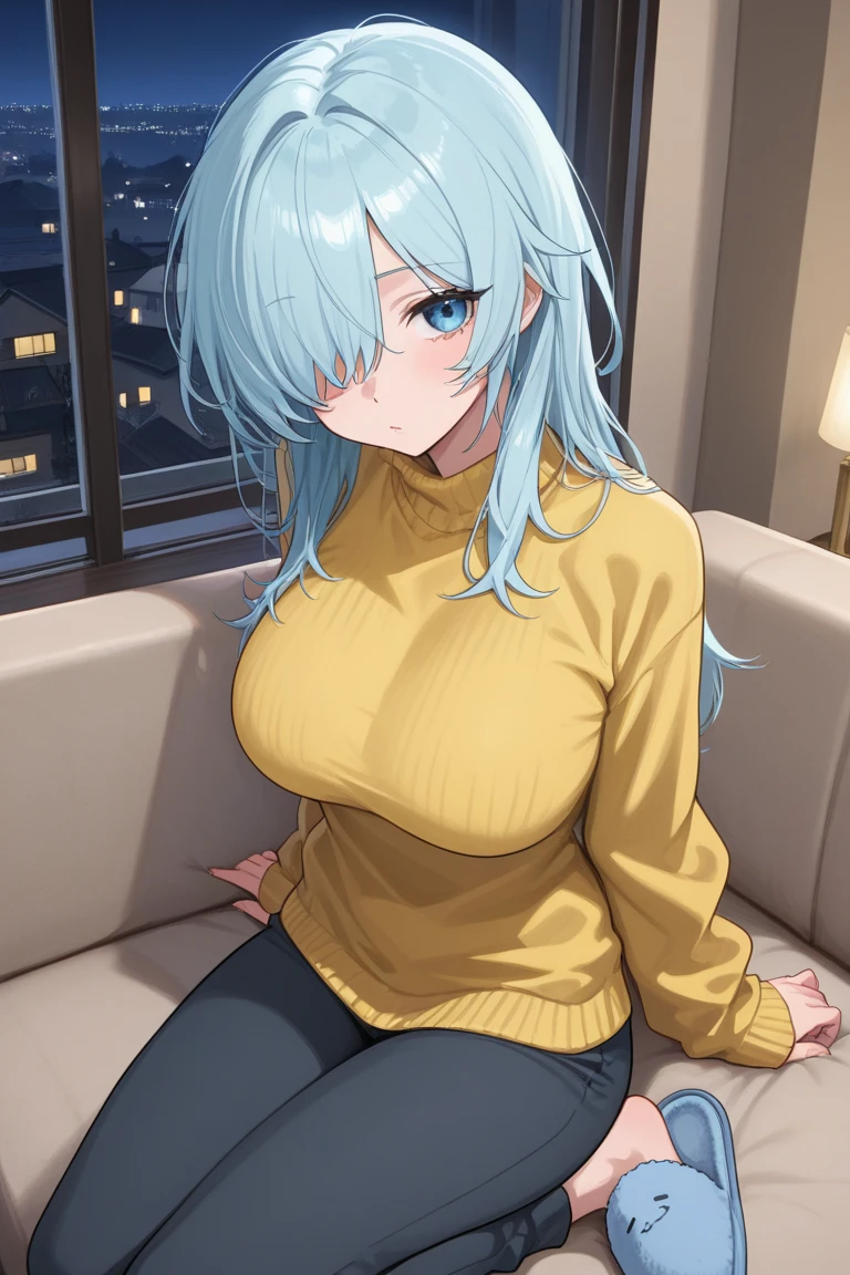((A Pretty girl with green hair and blue eyes)), ((Wearing knit sweater and hot pants)), Baby face, ((master piece, top-quality, ultra-definition, high resolution)), anime girl, ((ultra-detailed illust:1.2)), only one person, bangs, hair between eye, beautiful hair, Shiny eyes, Super colossal breasts, cleavage of the breasts, leaning forward posture, Big smile, opened mouth, night cityscape, in the bedroom