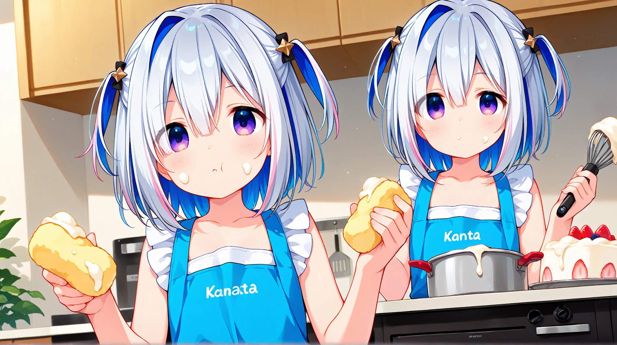 pink bow, long hair, blue eyes, double bun, purple bow, Blue Hair, Twin tails, Hair between the eyes, hair bow, eyebrows visible through hair, Highest quality, (masterpiece:1.2), Very detailed, (masterpiece), (figure),indoor, kitchen,Are standing, Upper Body,Light blue apron, face focus:1.2), face, (from the front:1.2),Stay, clavicle, Flat Chest,naked,Chocolate all over the body,