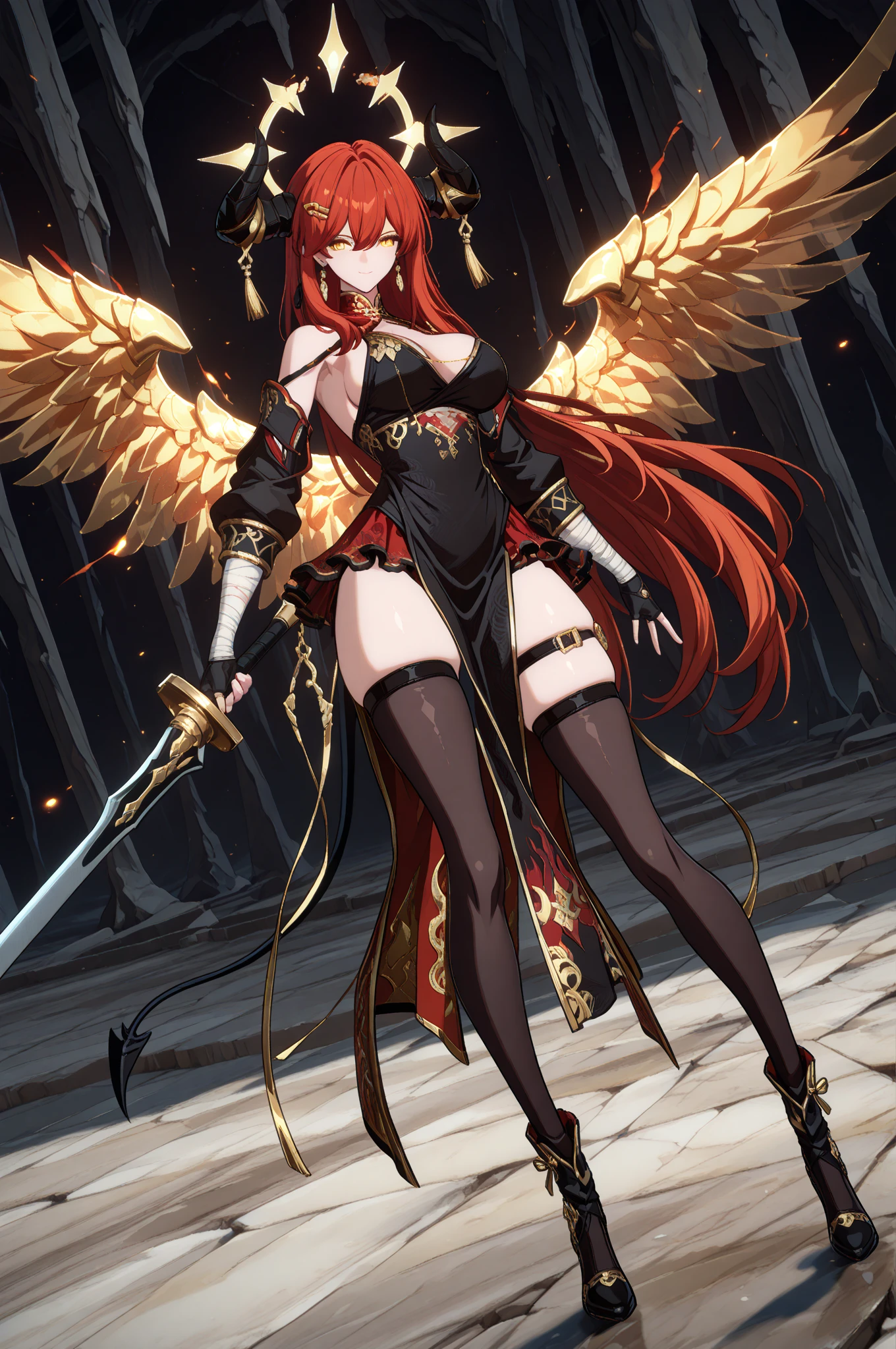 1girl in、nightcity、Sateen、Kimono without sleeves、A dark-haired、Holding a weapon with blood on it、Looking at the camera、Cherry blossoms are dancing，Unusually resistant、red blush、Looks distressed、Pleasant face、shrine maiden、valkyrie、Angel wings、a navel、sideboob barbosa、with an intricate、Particles of light、thighs thighs thighs thighs、shinny skin、Perfect litthing、1girl in、looking at the viewers、Winged headgear、pelvis curtain、A smile、(​masterpiece)、(top-quality)、Very gigantic-breasts、maternal、Porcelain Skin、Very long hair、hair wavy、Royal sister，femele，A queen，putting on a crown，There are a lot of golden lightning around，sitting in a throne，Bangs cover the eyes，Black Suspender Socks，Black Lace Top，，High jump，Grab Erlang's leg，，Black Silk Top，married woman，mothers，domineering，smil，The corners of the mouth are raised，Red and gold eyes，Black silk erotic underwear，Black top，Black Silk Gloves，I have a gorse tattoo on my chest and thigh，There are many golden dragon scales on the arms，There are many golden dragon scales on the neck，Bright eye，dragon eyes，Snake's Eye，Upright pupils，There are golden stripes on the clothes，There is a golden pattern on the clothes，The socks have a golden pattern，tall figure，Expose the outside of the chest，Twisted blade hanging over the shoulder，Larger breasts ，With elongated dragon horns，Giant Golden Dragon Wings，Giant Golden Dragon Wings，Huge golden dragon wings as big as a body，The body is covered with huge golden dragon wings，golden pupils，Just a pair of wings，large wings，The biggest dragon wings,The biggest dragon wings，There are golden scales on the neck，Fingers are golden dragon claws，The elongated tail of the golden dragon、1girl in、nightcity、Sateen、Kimono without sleeves、A dark-haired、Holding a weapon with blood on it、Looking at the camera、Cherry blossoms are dancing，Strong best quality, (Extremely detailed: 1.5), masutepiece, 超A high resolution,(photographrealistic:1.4), 1 beautiful girl, Cowboy Shot, (Wear battle armor:1.4), (Wear battle ar