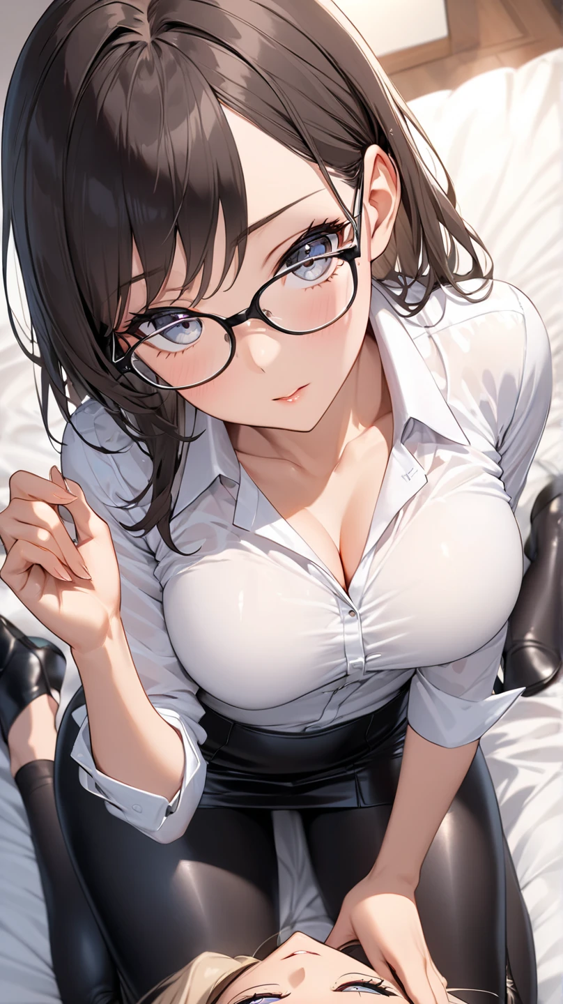 (masterpiece:1.2, top-quality), (realistic, photorealistic:1.4), beautiful illustration, NSFW, 
pov, front view:0.8, 
1 lady, japanese, office lady,28years old,black hair, (very short straight hair:1.4), hair between eye, blue eyes, big breasts:1.5, black-rimmed glasses, (thick thighs), 
beautiful hair, beautiful face, beautiful detailed eyes, beautiful clavicle, beautiful body, beautiful chest, beautiful thigh, beautiful legs, beautiful fingers, 
(beautiful scenery), dawn, in the crowded train,in japan,
((black business suit,jacket,long sleeve,dress shirt,black tight miniskirt, black tights,choker)), white bra,white panties, sitting on the seat,
(swollen), ((seductive posture: 1.2, sexial attractive: 1.2)), (idle),
(erotic,sexy, upper eyes, erotic smile: 1.2), shiny skin, 
perfect face, cute and symmetrical face, natural side lighting, movie lighting),
