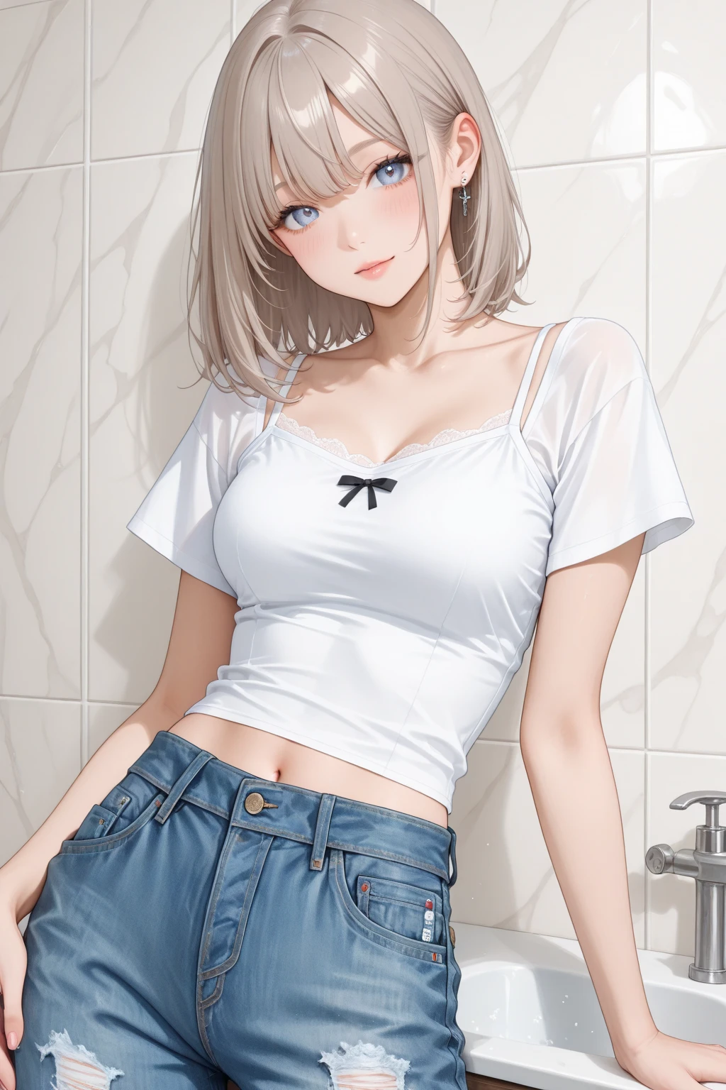 Highest quality 8K resolution,masterpiece, Exquisite detail, Realistic, Realistic, Soft tones,Color Palette, Alone, (25 year old girl:1.6),(Small eyes,Yellow Eyes:1.5), (Short Hair:1.5), Shiny silver hair,Asymmetrical bangs,(No bra), (No sleeve,mini skirt:1.5),(Simple underwear),Beautiful proportions,Open your mouth,(Shiny white skin),Very beautiful detailed eyes, (Big breasts,Cleavage:1.3), necklace,Earrings,accessories,Cowboy Shot, Are standing, indoor,7 lifespan,(low length),Sulky look