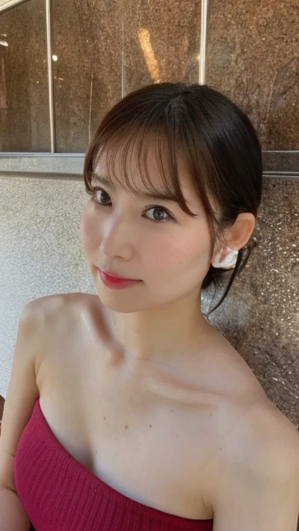 Japanese female 1 person, 50 years old, Pink micro bikini.  (White skin: 1.8, ), The look of temptation, Warm lighting: Sunny day, (RAW Photos:1.2), (Realistic), Exquisite face, alone,  Full body shot, background:Dark bathroom,  (Hair Color:Brunette, Ponytail, )