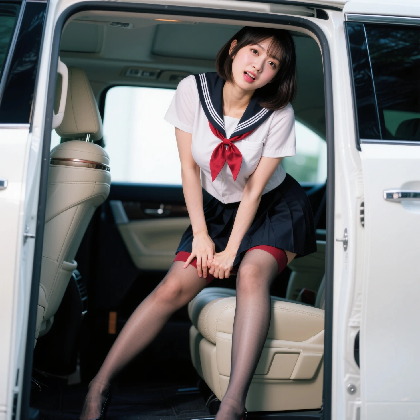 Charmな顔,Charmな顔,Carefully applied makeup,Gorgeous makeup, beautiful face,(Putting on makeup:1.1),Putting on makeup,beautiful human face,18-year-old,((Round ass)),delicate, beautiful, delicate eyes,delicate eyes,Bright Eyes,The eyes are deep and bright,The eyes are deep and bright,若くてbeautiful,若くてbeautiful,巨乳 beautiful,巨乳 beautiful,Charm,Charm,Charm,,顔がdelicateで可愛い,顔がdelicateで可愛い,Move,(33 year old:1.3),(Flight Attendant Uniform, Black clothes:1.25, Transparent white shirt:1.2, Black tie:1.2, Silver Square Stud Earrings:1.2, Medium ruffled skirt:1.3, Transparent black stockings cover her legs:1.35, White stiletto heels:1.2), beautiful scenery in space, fly in the sky, sky, Aircraft cabin, Ultra-Realistic Backgrounds:1.2,Full body photo:1.2, look at me head-on,(stop,Crossing your legs:1.922), Super white skin, Casual Hairstyles,Brunette color hair,Sexy lips,Huge ,Breasts are pressed together,Hyper HD,high quality,masterpiece,smile,beautiful slender legs,ユニークでdelicateな指,