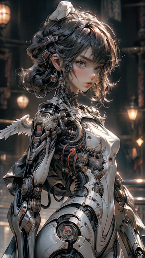 Mechanical doll girl, cute and adorable, (((decadent surrealism))), (((ultra realistic))), (((realistic and accurate eyes))), (((intricate mechanical wings))), very short bob with bangs, matted black hair, flared pleated miniskirt with lace and frills, (((deteriorating and decaying and rusting, clothes shredded and torn, metal rusted, very overdone steampunk, goth and lolita, off-the-shoulder, Victorian rococo style))), deteriorating, rotting and rusting, clothes torn to shreds, rusted metal, background detail, organic, lots of gears, (((very dark dramatic film-like lighting, very dark ruins, deep depth of field))), (((very large slanted big eyes))), long eyelashes, thin nose, small mouth, beige lips, thin chin, clear white glossy skin, slender body.