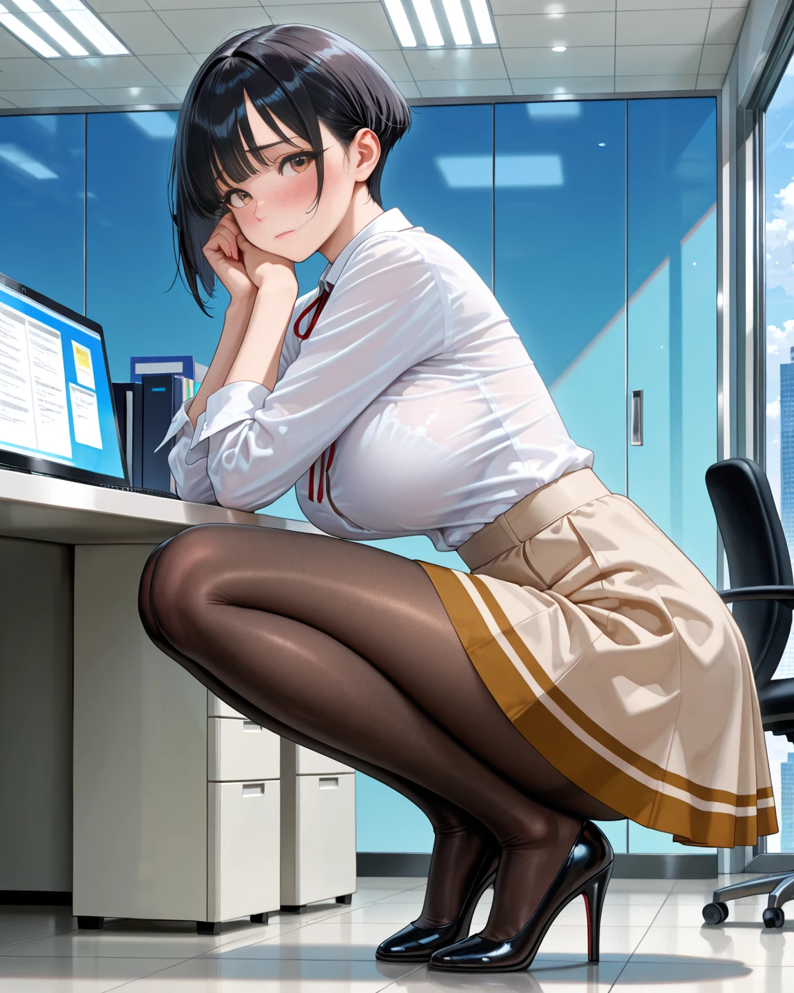 score_9,score_8_up,score_7_up,masterpiece,best quality, source anime, official art, super detailed, extreme detailed, rating_safe,
1girl, sitting on chair, (tilt head:1.2), sleeping,
BREAK girl, 22yo, short hair, bob cut, (blunt bangs), black hair, (tareme, detailed cute brown eyes), curled eyelashes, (large breasts:0.9),
shiny hair, beautiful detailed eyes, beautiful face,
slender, small ass, slim legs,
white collared shirt, black tight mini skirt,
(closed eyes:1.2), parted lips, drooling,
office, night, dark room, screen lights,