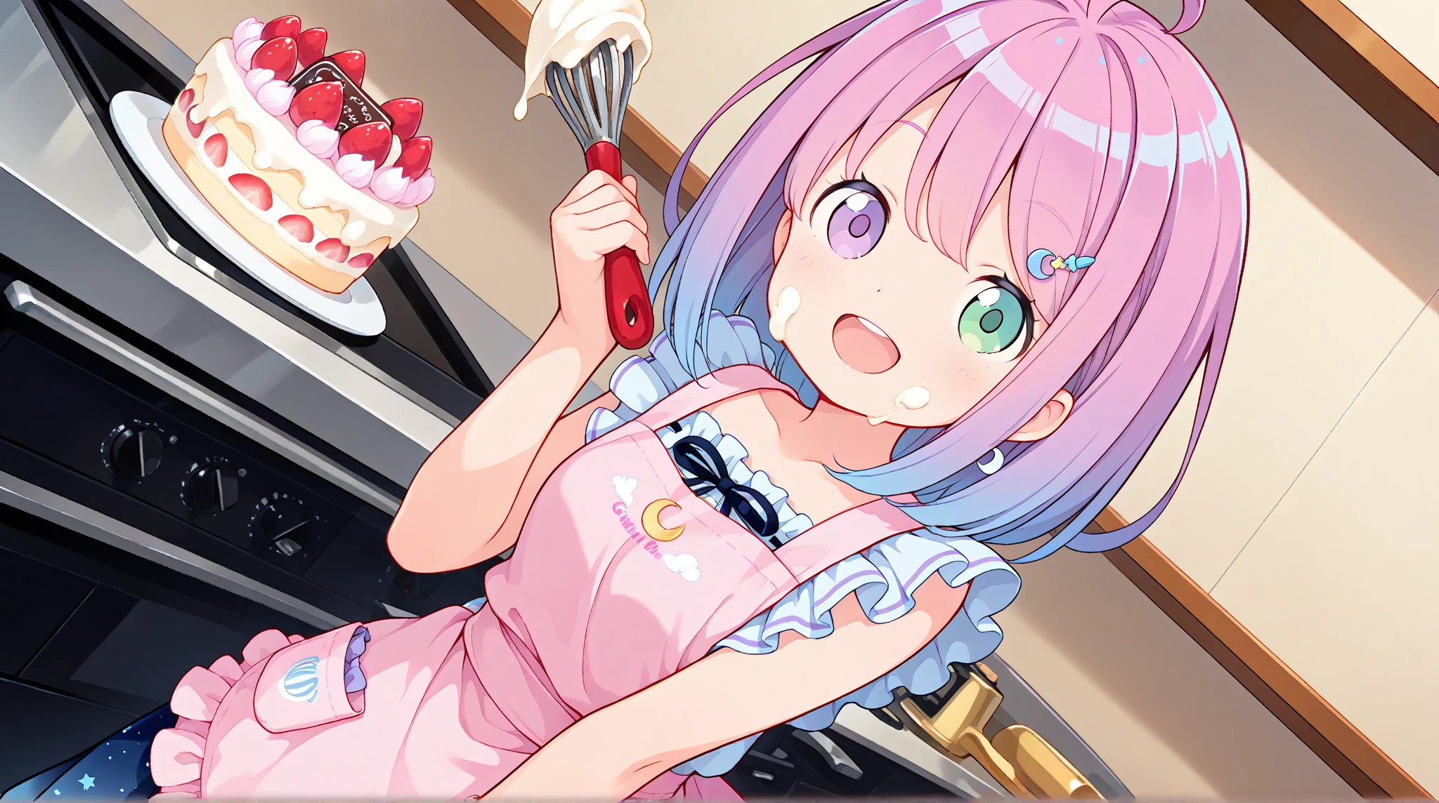 pink bow, long hair, blue eyes, double bun, purple bow, Blue Hair, Twin tails, Hair between the eyes, hair bow, eyebrows visible through hair, Highest quality, (masterpiece:1.2), Very detailed, (masterpiece), (figure),indoor, kitchen,Are standing, Upper Body,Light blue apron, face focus:1.2), face, (from the front:1.2),Stay, clavicle, Flat Chest,naked,Chocolate all over the body,