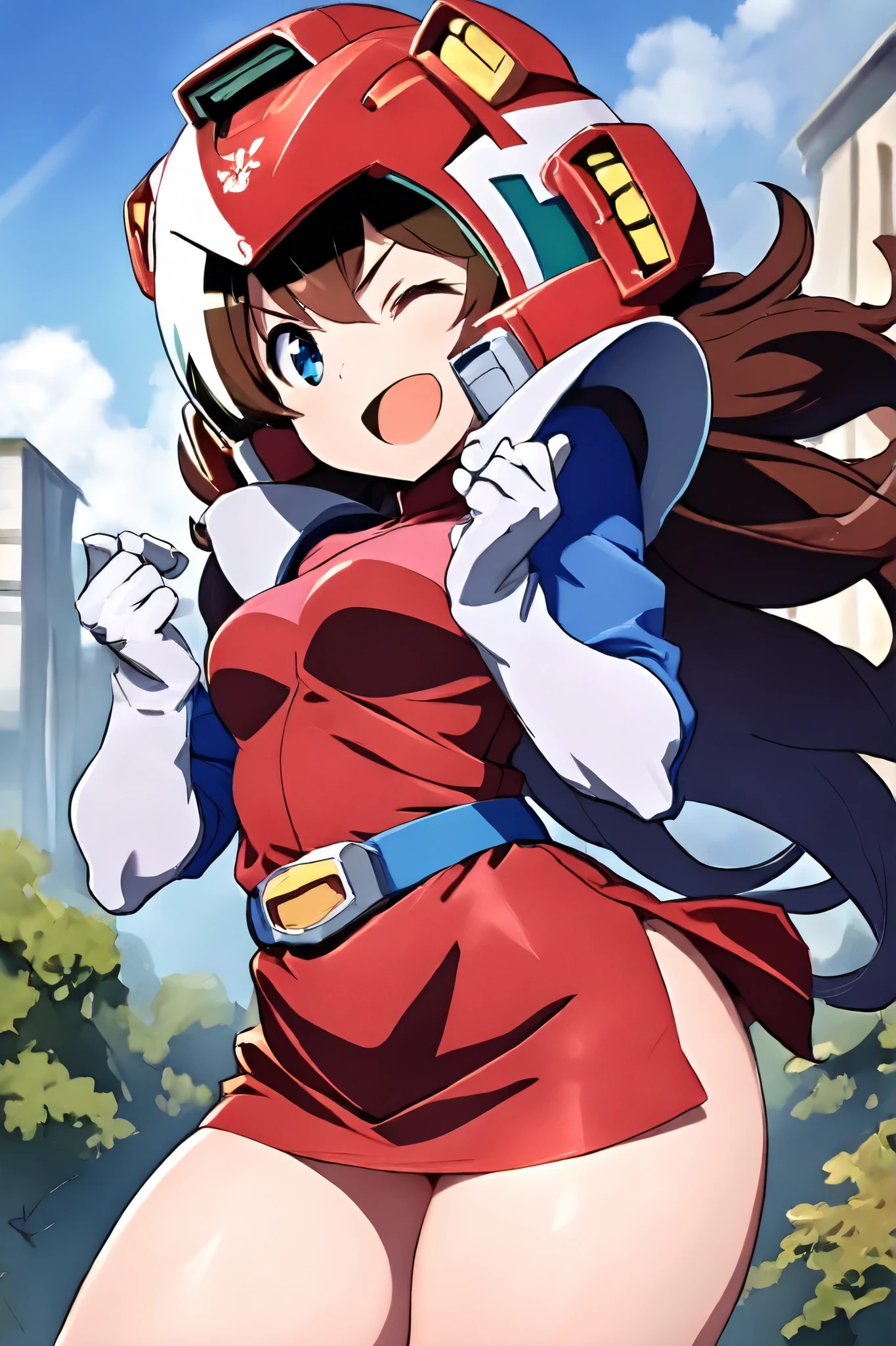 A Female robot is sleeping in the book, spread legs, nude, banzai pose. she wears no dress. She Brown short hair is tied with two big red clothespins, She lifts up the under hem of her white plain dress, leaning over, masterpiece, very short pigtails,brown hair, mature, android, blue eyes, full body figure, Height: 160cm, flushed cheeks, 2020s anime picture, A beautiful robot with short brown hair in two short pigtails held up by two very large huge red clothespins, Uplifting, No NSFW, whole body, barefoot, archaic smile, getting orgasm, 25 years old, sweat bucket.