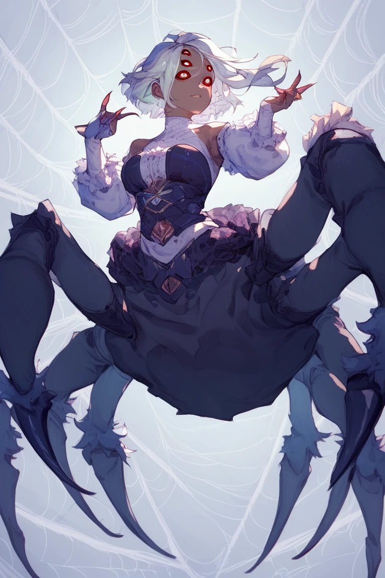 1girll，There is charm in the smile，The eyes are blue，Light and shadow interlace，Half spider, half human。