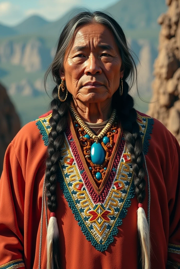 close up face with skin pores and wrinkles, RAW photo, a portrait photo of 1 single 65 y.o native american woman half body. centered eyes on camera, facing camera, eyes perfect, native chieftess large red feathers, white feathers, Indian tribe, deer skin clothes, light blue eyes, standing next to trees in the forest, natural skin, 8k uhd, high quality, film grain, Fujifilm XT3, natural color palette