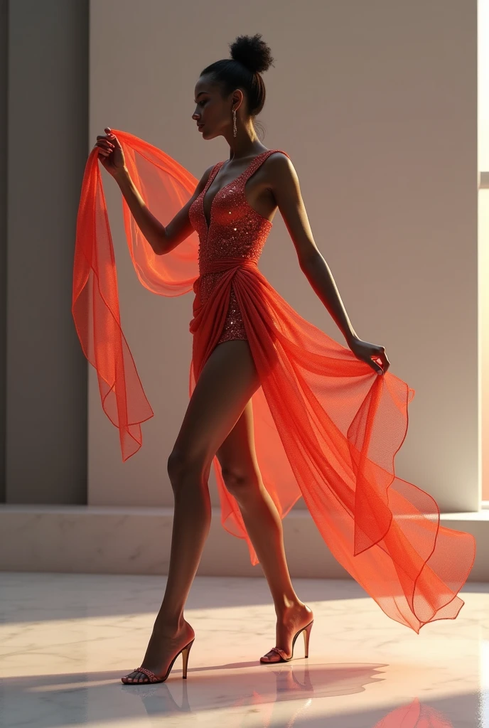 ((masterpiece, highest quality, Highest image quality, High resolution, photorealistic, Raw photo, 8K)), ((Extremely detailed CG unified 8k wallpaper)), (huge stunning goddess shot, very hot and sexy, jaw-dropping beauty, perfect proportions, beautiful body, slim body beauty:1.4), A top model walks down the runway wearing a dress with a phoenix motif, a gradation of vermilion and yellow, arms outstretched as if spreading wings, a fluttering thin and light sheer dress like a flickering flame,