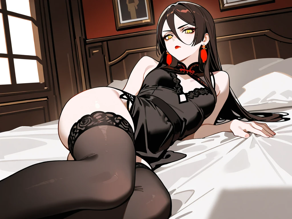 score_9_up, score_8_up, score_7_up, 1girl, solo, mature female, ((Azula)), black tied hair, yellow eyes, red lips, parted lips, fit slim body, ((perfect medium erected breast)), (((nude tits, red tight transparent thong, red stockings))), (((red bedroom))), perfect model body, wide hips, looking at viewer, bites her lips, standing on all fours,