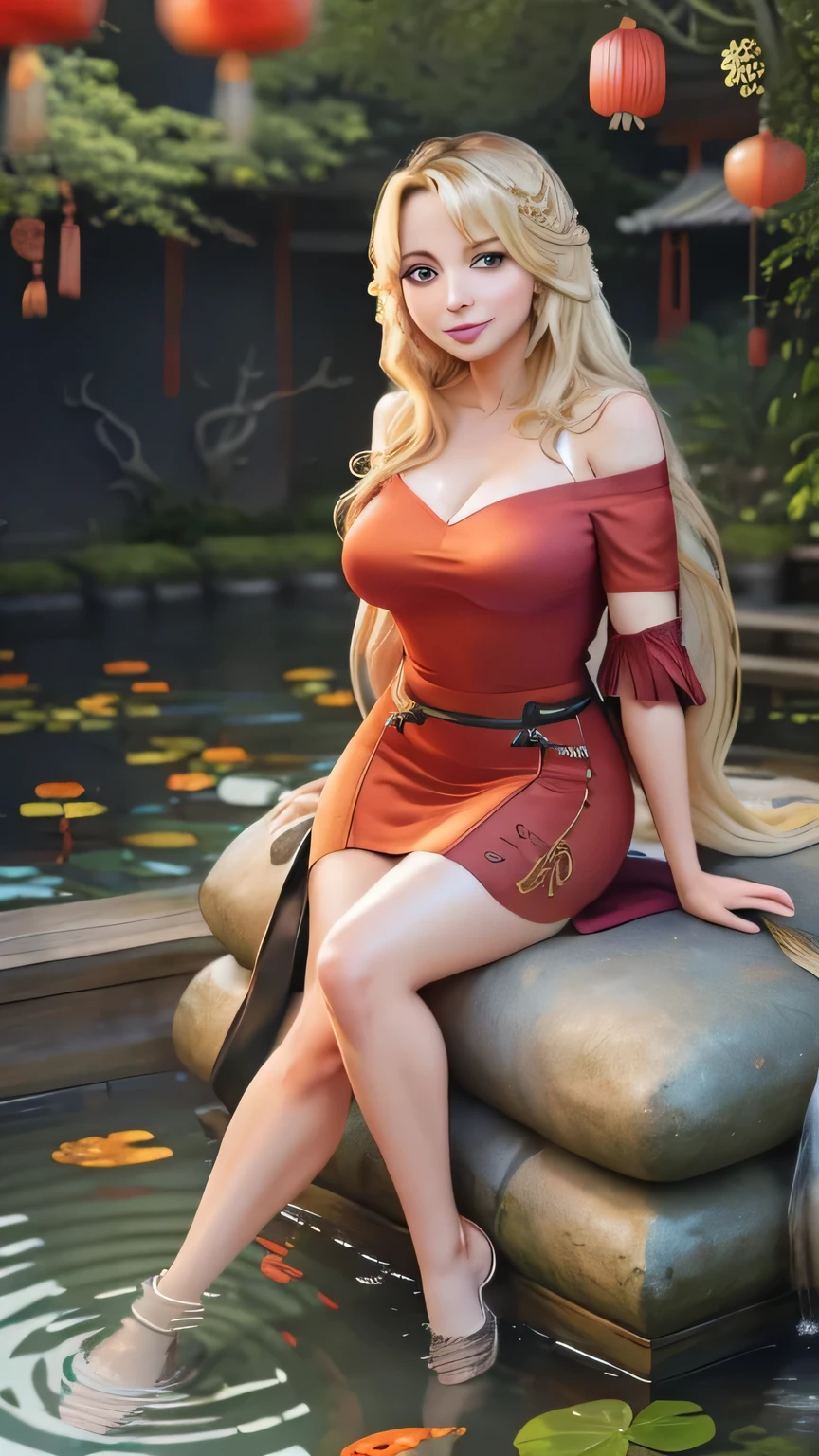 android 18,blonde hair,(((long hair))),blue eyes,(long slit red sexy cheongsam), (Red),looking at the audience,face smile,close-up, portrait, river,rock, ,tree,blue sky,high quality,masterpiece,sexy body, sexy Red Dress, red,perfect big breasts, Hyperrealistic intricate detail, Cinematic, 8K resolution, 70mm, Accent Lighting, Global Illumination, Full body portrait, clean detailed faces,