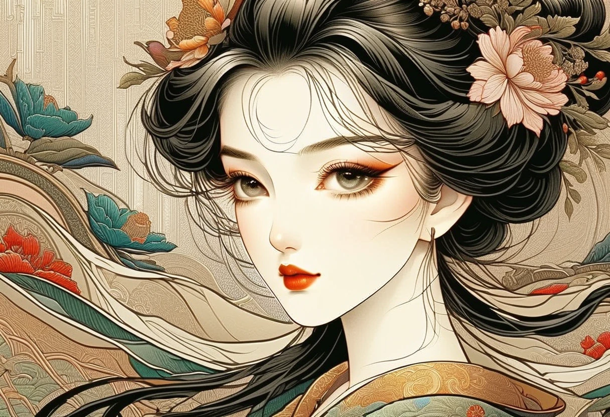 ichiro, ((Split color hair)), Illustration, 2D,
Super long hair,see through, Upper body,
, girl with, Solo, ((mideum breasts)), Smile, (Super long hair:1.2), blue grey eyes, Random colored hair, gloves,Upper body, earrings, Black Gloves, elbow groves, Hand up, random color, random color dress, makeup, lip stick, sakura petals pattern, bamboo leaves pattern, Rim Light, Back Light, pastel color,