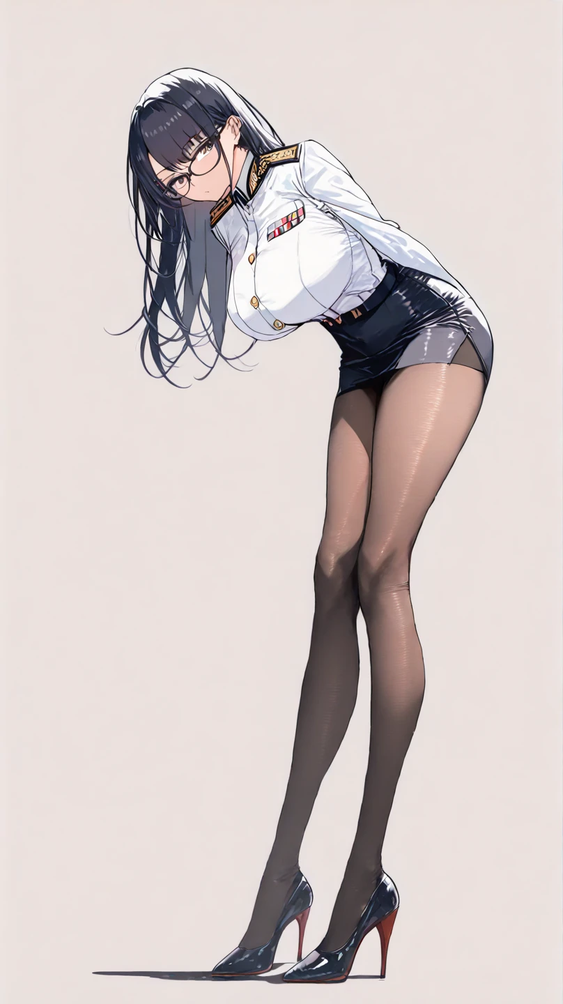 ((1girl, solo)), (((mature female))), beautiful body, (perfect anatomy, perfect body, perfect hands, perfect legs), (five fingers:1.5), natural proportions, sexy body, large breasts, cowboy shot BREAK
((extremely detailed face)), (beautiful detailed eyes:1.6), (realistic pupils, realistic iris:1), expressive eyes, looking at viewer, (clear eyes:1.3), (hyperrealistic:1.2), (detailed skin texture:1.2), smooth skin, (black hair:1.5), black eyes, hime cut, blunt bangs, long hair, (straight hair:1.5), blunt ends (detailed lips:1.2), (attractive lips:1.1), (glossy lips:1.1), (smile), parted lips, perfect face, perfect eyes BREAK
collared shirt, white shirt, collarbone, partially unbuttoned, cleavage, sleeves rolled up, shirt tucked in, black pantyhose, covered navel, high heels BREAK
(masterpiece:1.5), anime-style, top quality, best quality, (beautiful and aesthetic:1.2), (ultra detail:1.5), Ultra-detailed depiction, Ultra-precise depiction, extremely detailed 8k illustration, high resolution, (highly detailed shading:1.2), (realistic lighting:1.4), perfect lighting, vibrant colors, dynamic tones, striking hues, 8k, absurd resolution, perfect shadows, hdr, UHD, ambient lighting, realistic, ultra-realistic, photo realistic, highly detailed, rich detail, luminous colors, fine texture, intricate design, professional illustration, (soft light:1.2), (illustration:0.7)