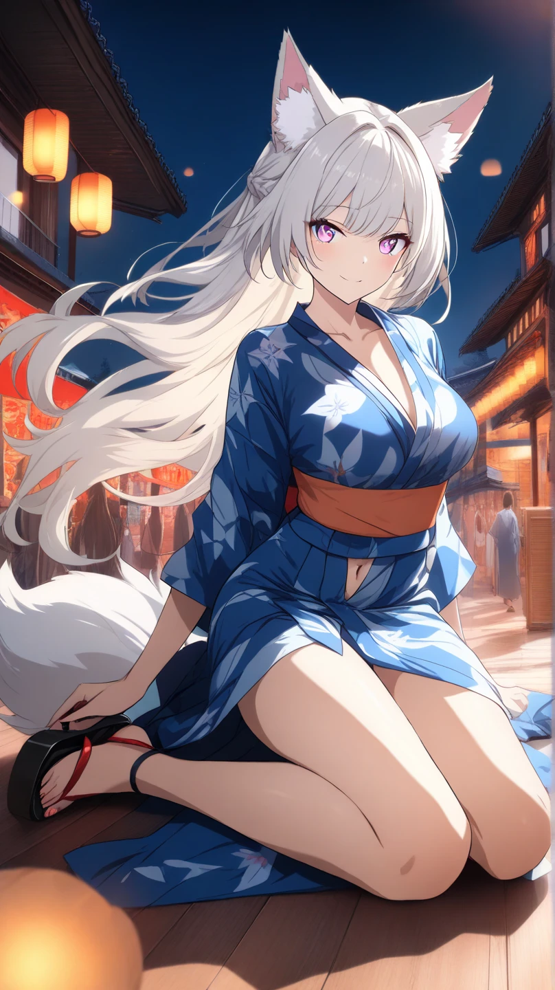 masterpiece, 1girl, best quality, beautiful detailed eyes, perfect face, beautiful detailed face, looking at viewer, sigma 400mm f1.8, photo fine print, amazing sharp focus, ultra detailed, yellow eyes, long hair, white hair, kimono, smile, animal ears, long sleeves, stairs, torii, sitting, floral print, medium breasts, <lyco:GoodHands-beta2:1.0>