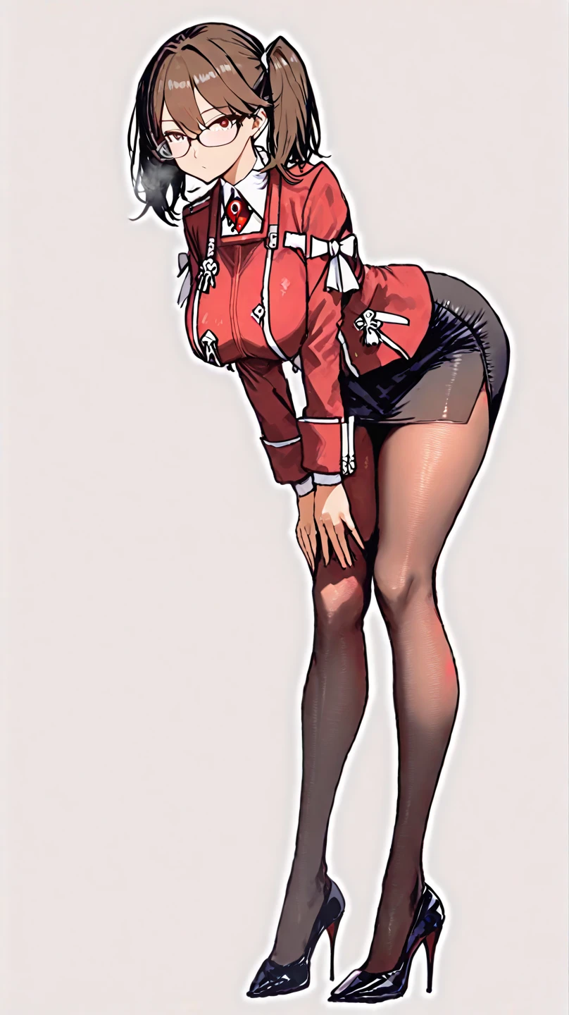 ((Highest quality)), ((masterpiece)), (Familiar), Hazy, Female,Mature Woman,Purple Hair, short hair, Low Ponytail, eye shadow, lipstick, Red eyes,Red suit shirt,Large Breasts,Erect nipples,I can see her cleavage,Red and black jacket, White tight skirt,Red Heels