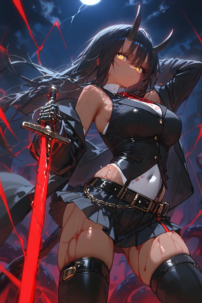 8K picture quality, ultra-high resolution, perfect face (with blood), extreme detail, peerless beauty, glowing skin, delicate (blood red) eyes, slender fingers, long sword in hand (blood on the sword), black hair (long hair), black cape, standing (looking down), long legs, knee-length boots on the legs (black), sexy, busty, upright_straddle