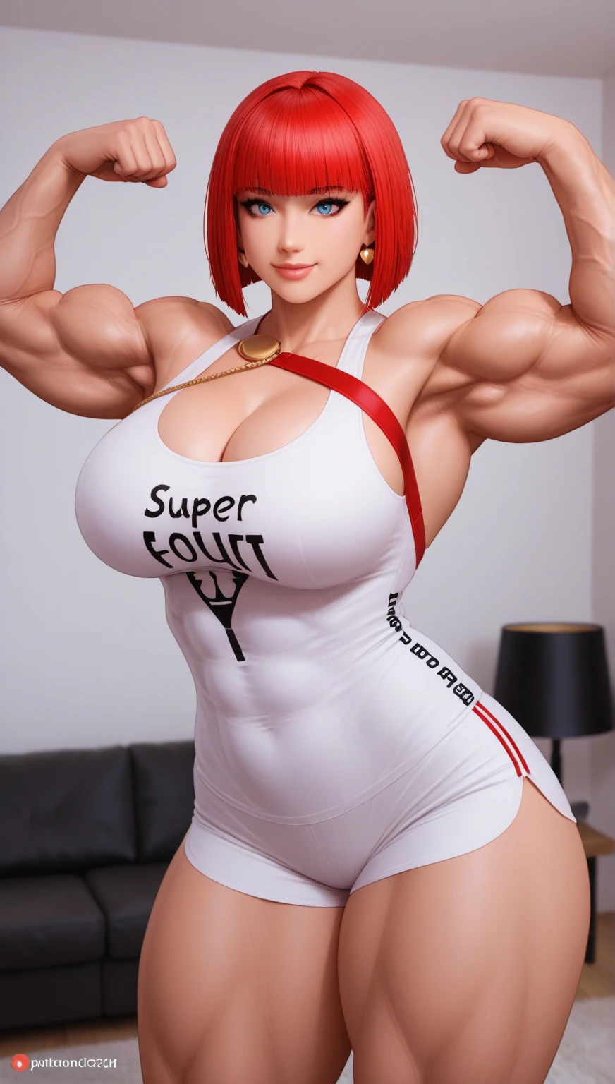 arafed female bodybuilder posing in front of candles, muscular ultraviolent woman, muscular and terrifying, strong and imposing, feminine and muscular, exaggerated physique, Dark goddess with six arms, exaggeratedly large physique, coxas musclegirls, detailed venous muscles, mulheres guerreiras musclegirls, massive muscles, dominant pose, huge muscles, bursting with muscles, extreme muscles, musclegirl, coastal, Huge coasts, side-by-side, gazing at viewer, looked at me, side-by-side, flexed arms, Eyes red, ela colocou as hands on breasts, , looking at me, malicious smile,facing me, hands on breasts, extremely tight dress, more muscular, muito musclegirl