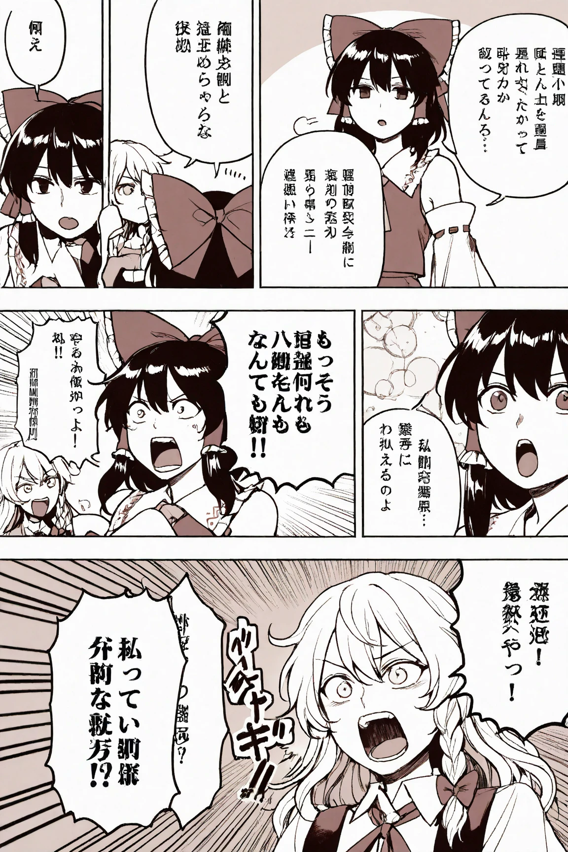 3 girls, Cirno, Hakurei Reimu, Kirisame Marisa, Touhou Project, wide open mouth, surprised, jaw dropped, funny face, flashy manga-style background, ((Comments in manga speech bubbles, text in Japanese only))