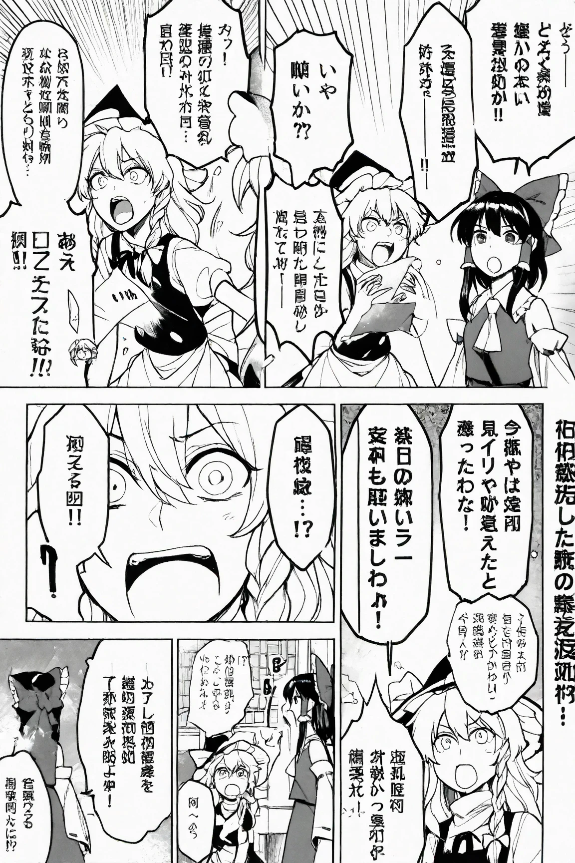 
3 girls, Cirno, Hakurei Reimu, Kirisame Marisa, Touhou Project, wide open mouth, surprised, jaw dropped, funny face, flashy manga-style background, ((Comments in manga speech bubbles, text in Japanese only))