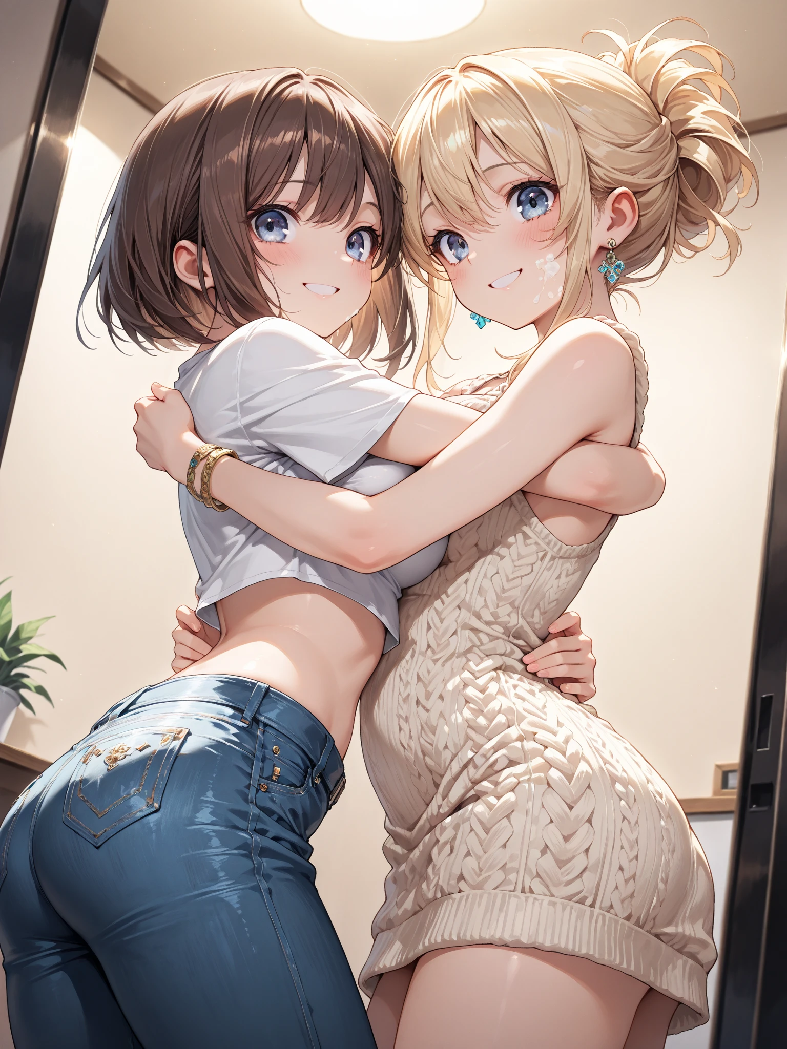 (Best quality, 8k, 32k, Masterpiece, UHD,:1.2),RAW, 1girl,ultra cute , natural lighting,transparent shining eyes, 20yo ,fair complexion, (ecstasy:0.8) ,(slut:0.8), (vulgarity:0.8), (fucked silly:0.8),(steam:0.8),(trembling:1.3)),((tank top, denim short skirt, )) ,From Below, squatting, White background, Cowboy shot, medium hair, wedgie, french braid, Cleavage, erect nipple