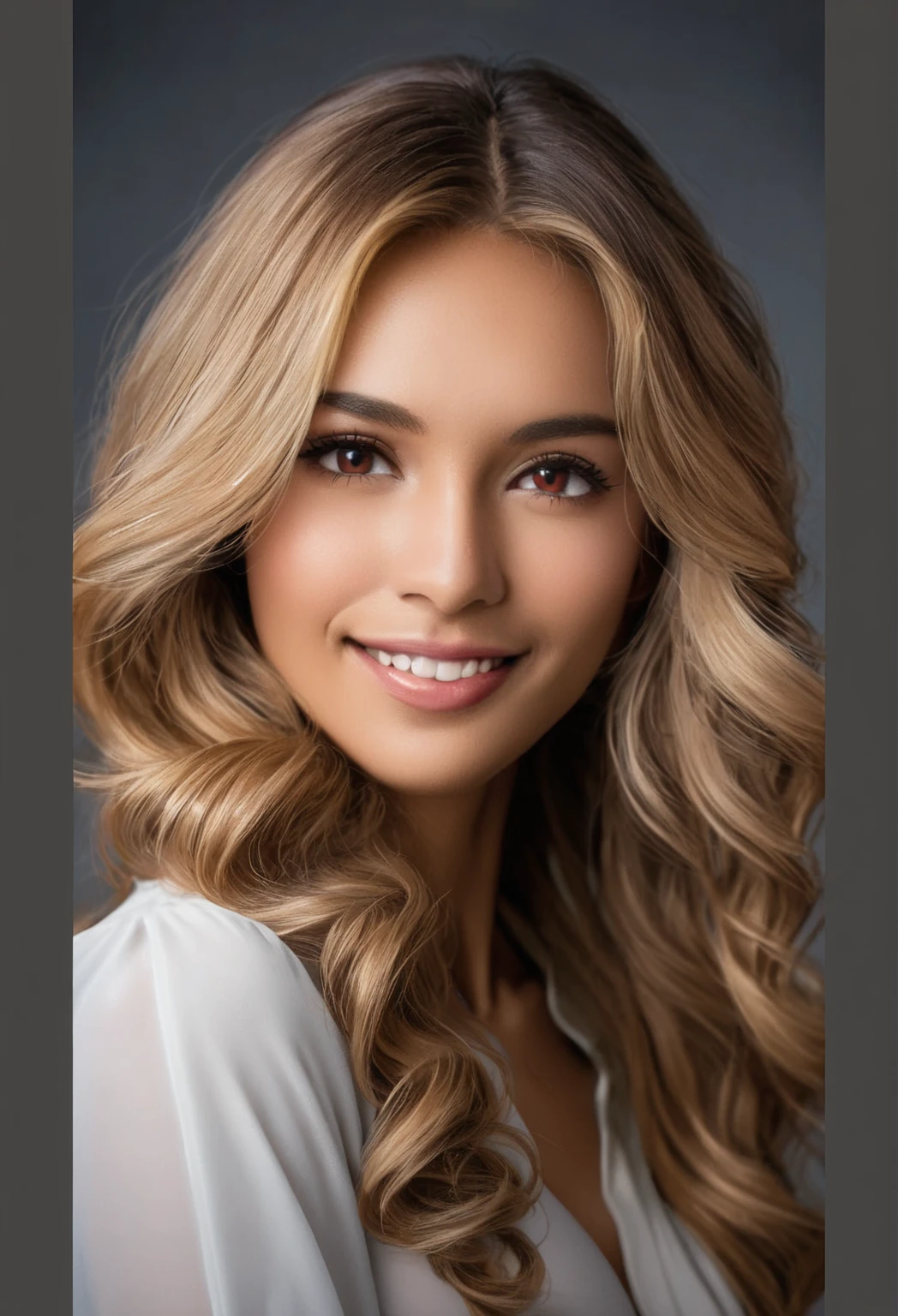 hyperrealistic photo of Brazilian woman&#39;s face, 18 years old, blonde, professional graphic designer, formal outfit, low-cut with big breasts, smiling sensually
