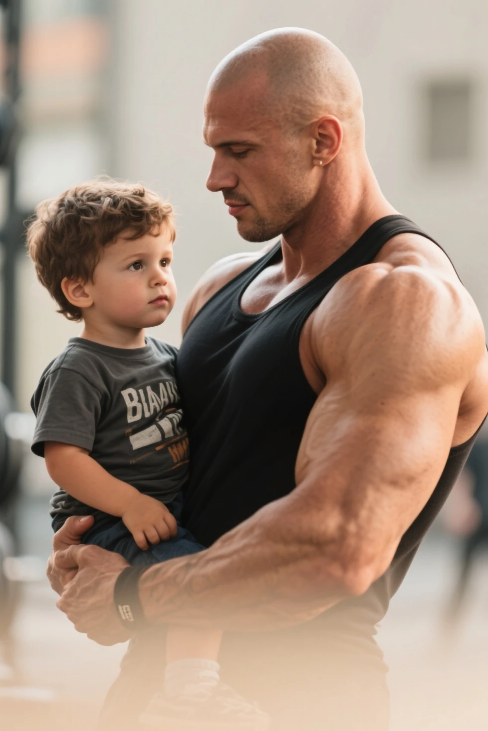 Handsome man with young boy, muscular, naked, in locker room